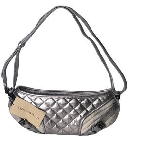 New Burberry Eddie BKB Quilted Checkered Silver Gray Leather Baguette Bag